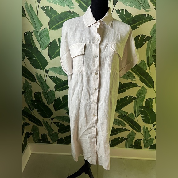 Paradise 100% Italian Linen Beige Button Front Short Sleeve Midi Dress M - Picture 2 of 9